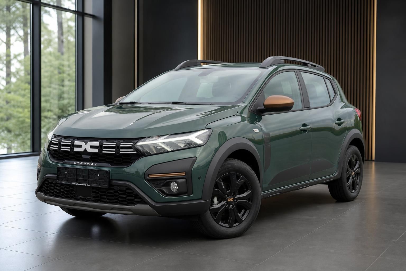 Dacia Sandero Stepway in grüner Metallic-Lackierung mit schwarzen Felgen im Autohaus