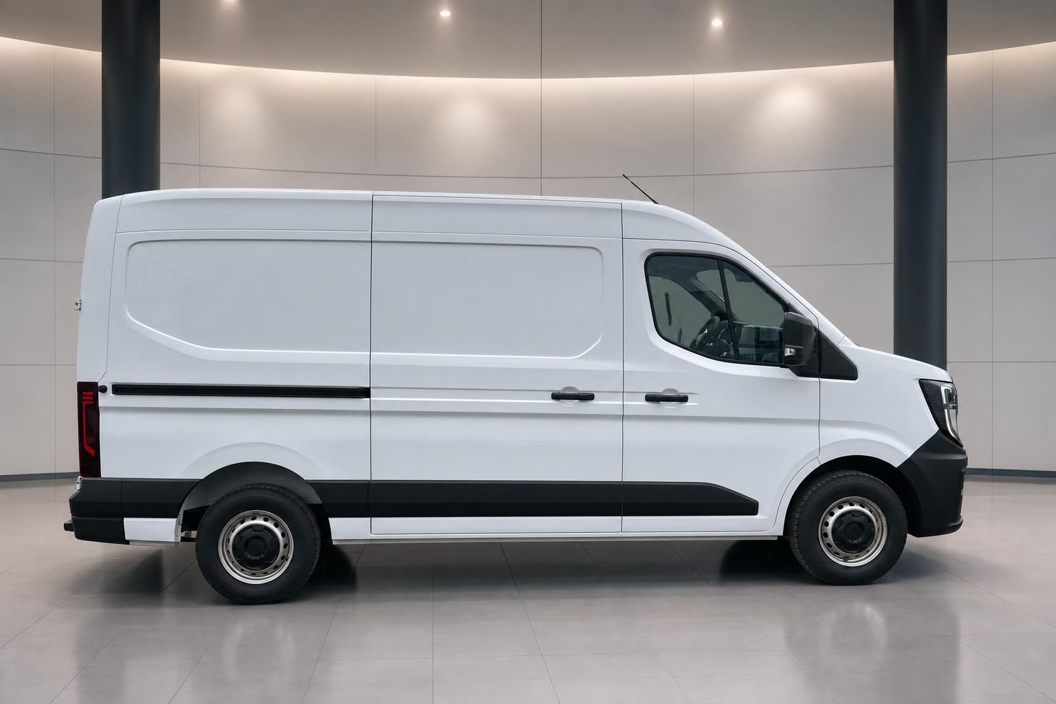 Weißer Kastenwagen Seitenansicht - modernes Nutzfahrzeug im eleganten Ausstellungsraum