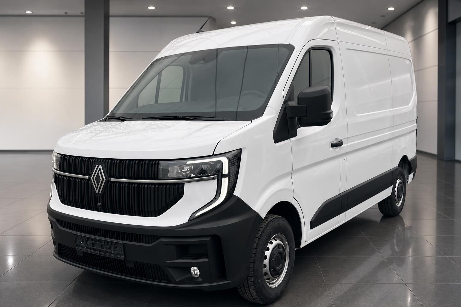 Renault Master Kastenwagen weiß - Frontansicht mit modernem Design und LED-Scheinwerfern im Showroom