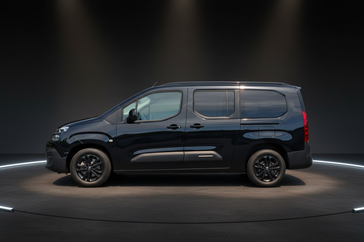 Schwarzer Toyota Proace City Kompaktvan seitliche Ansicht im Fotostudio