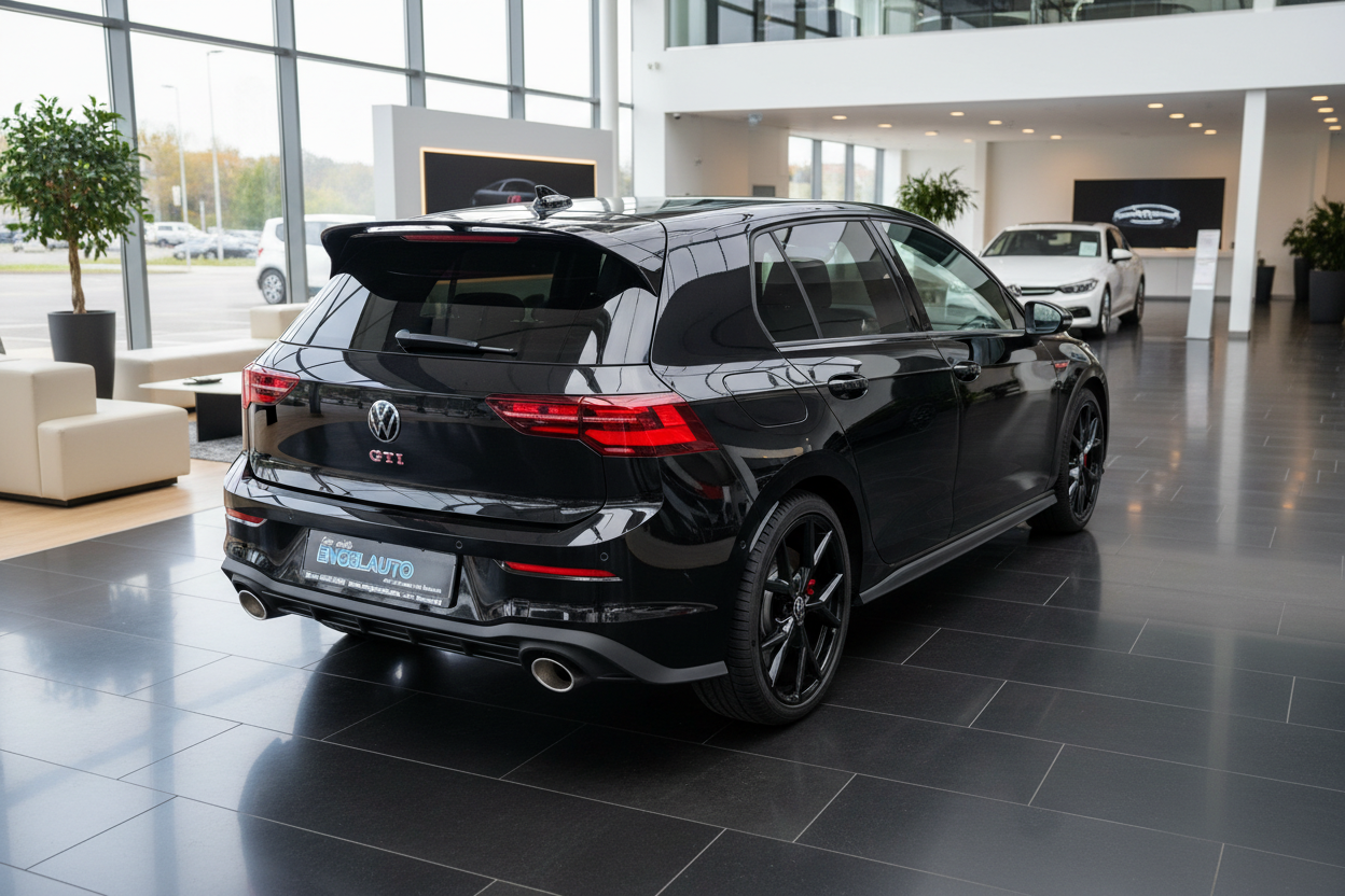 Schwarzer Volkswagen Golf GTI Heckansicht im Autohaus Engel Auto Showroom mit schwarzen Felgen und roten Bremssätteln