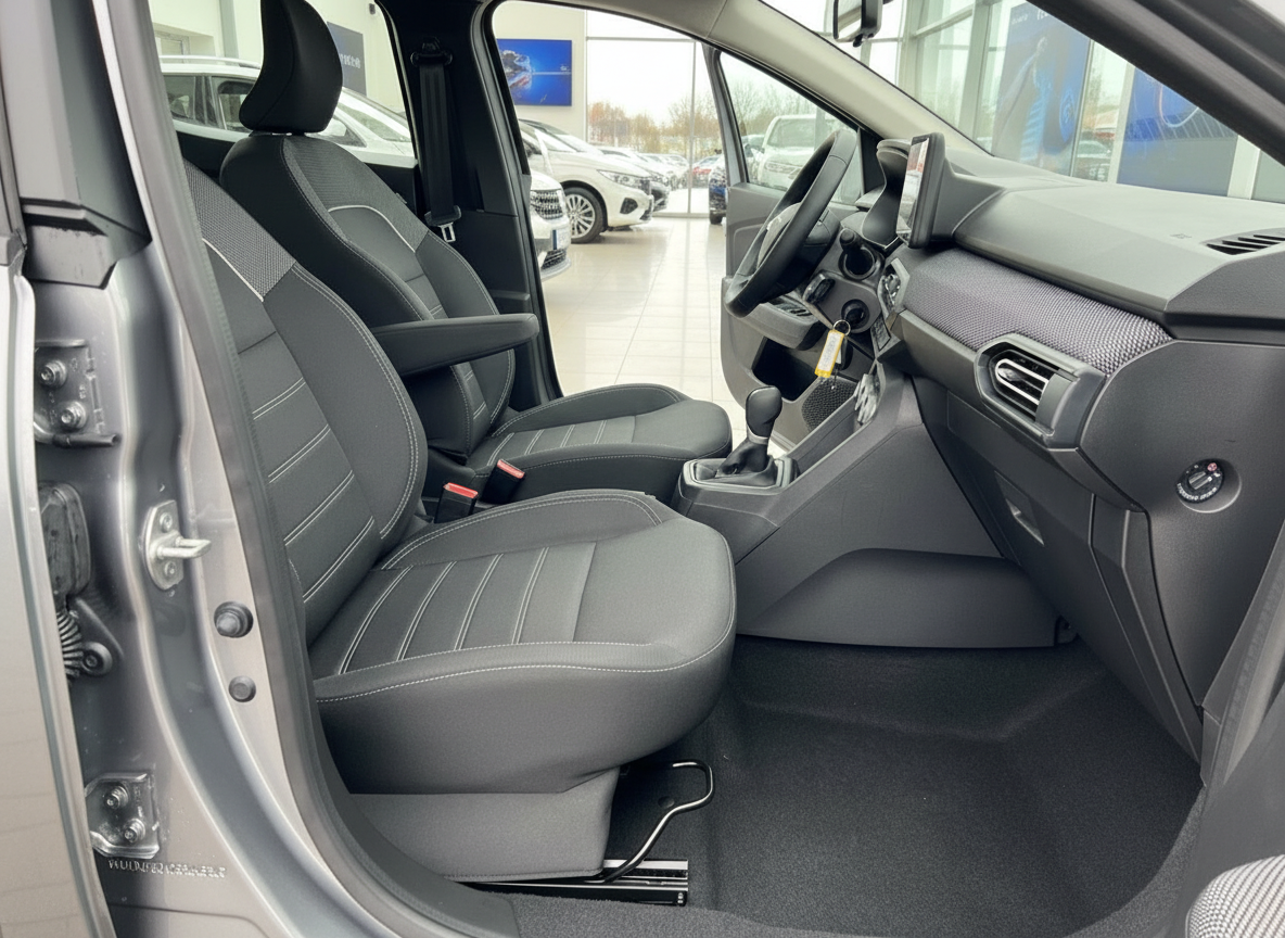 Innenraum Beifahrerseite mit schwarzen Stoffsitzen und Mittelkonsole im Autohaus