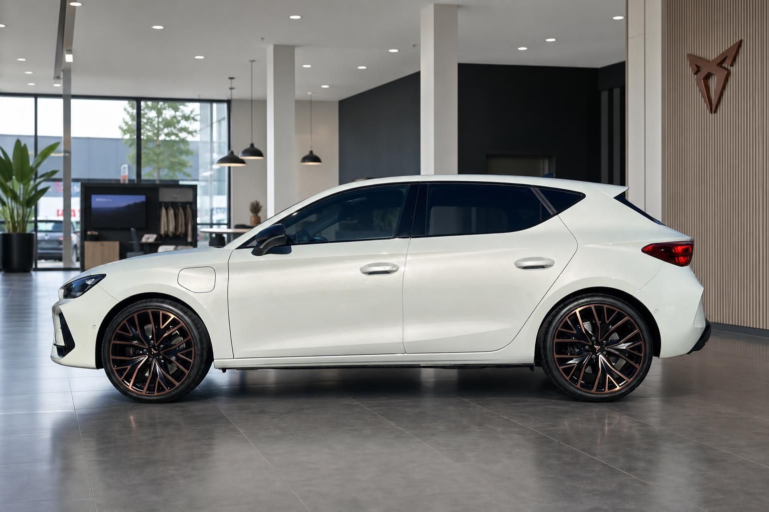 Cupra Leon weiß Seitenansicht mit Kupfer-Felgen im Showroom
