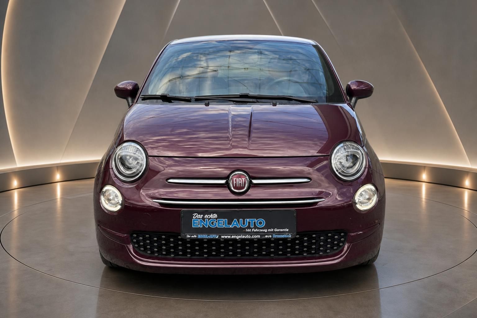 Fiat 500 Bordeaux, Frontansicht mit Kennzeichenhalter im Studio