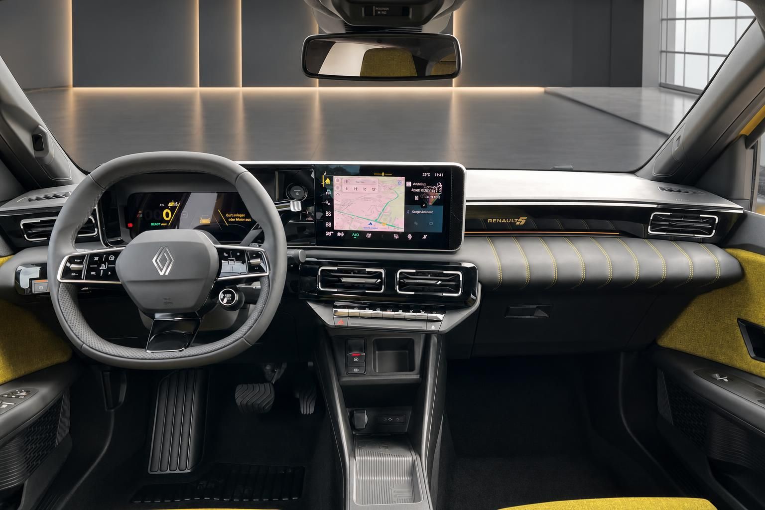 Renault 5 E-Tech Electric Innenraum – Armaturenbrett mit Touchscreen und Lenkrad