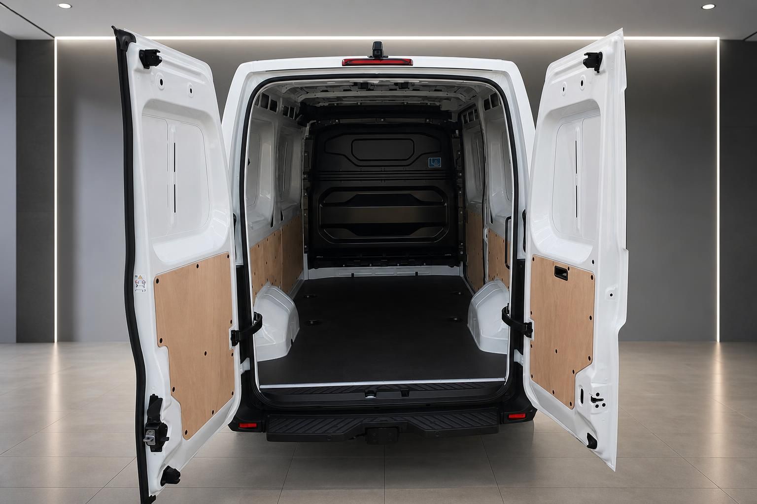 Laderaum eines weißen Transporters mit geöffneten Hecktüren