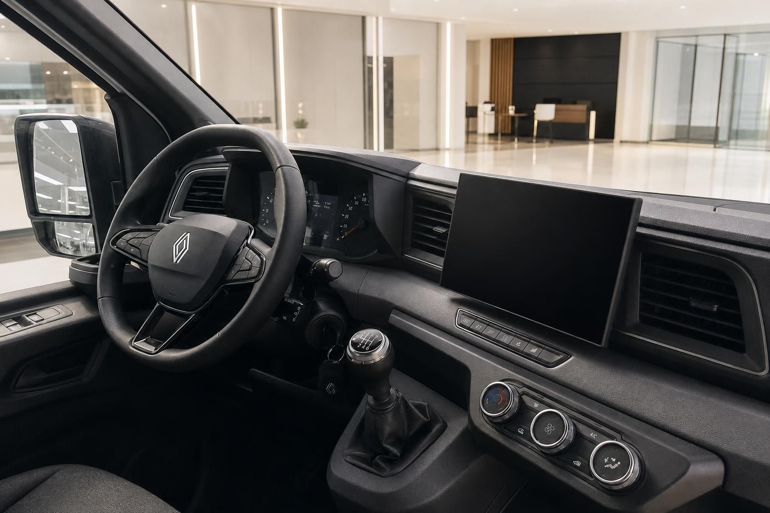Renault Master Innenraum, Cockpit mit Lenkrad und Touchscreen