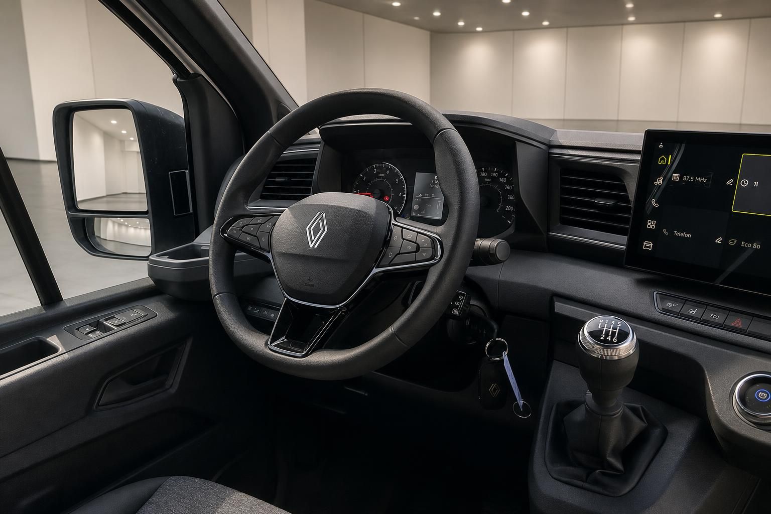 Cockpit mit Lenkrad und Schaltknauf im Renault Transporter