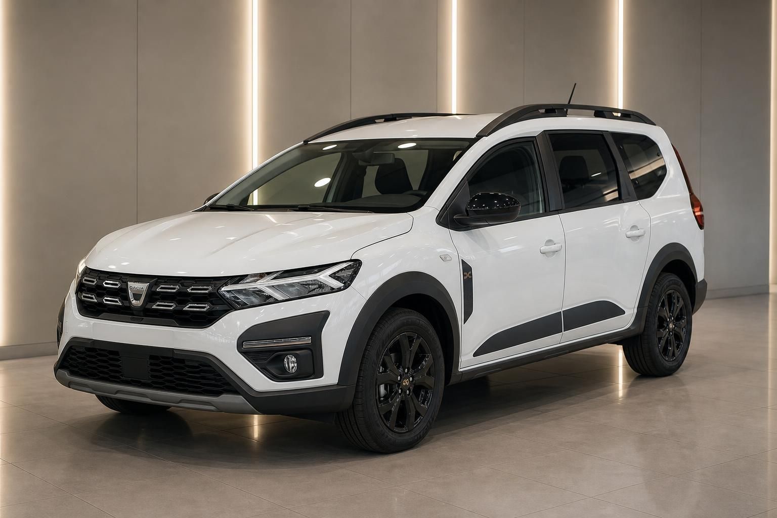 Weißer Dacia SUV Seitenansicht mit schwarzen Felgen und Kunststoffverkleidung im Showroom