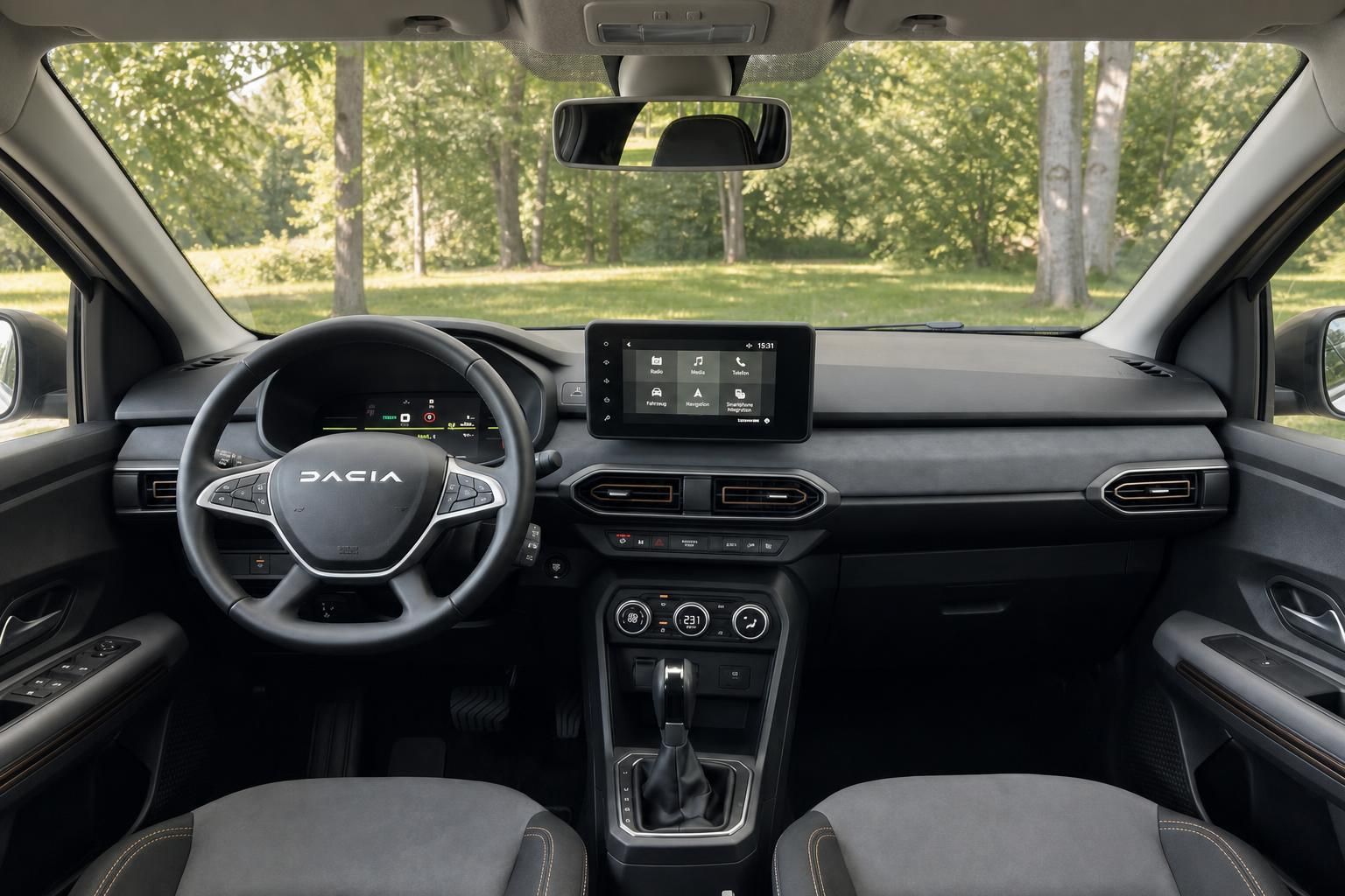 Dacia Cockpit Innenansicht mit Lenkrad, Instrumententafel und Mittelkonsole