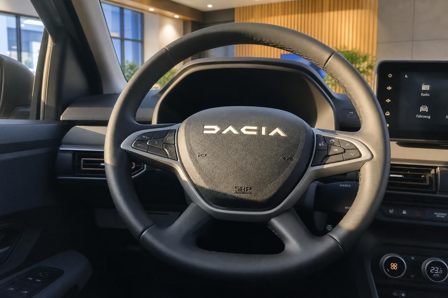 Dacia Lenkrad mit Multifunktionstasten und digitalem Cockpit im Fahrzeuginnenraum