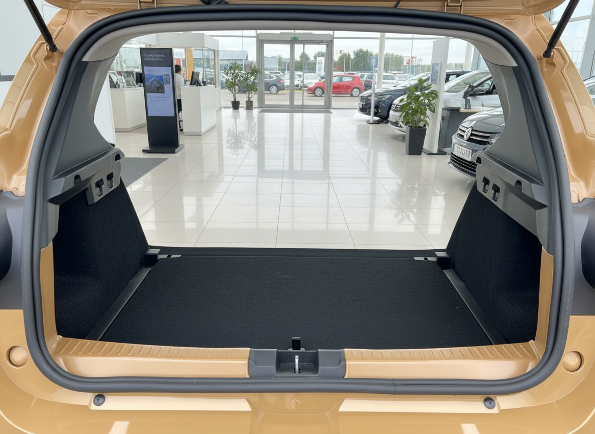 Kofferraum eines goldenen SUV mit umgeklappter Rücksitzbank im Autohaus Showroom