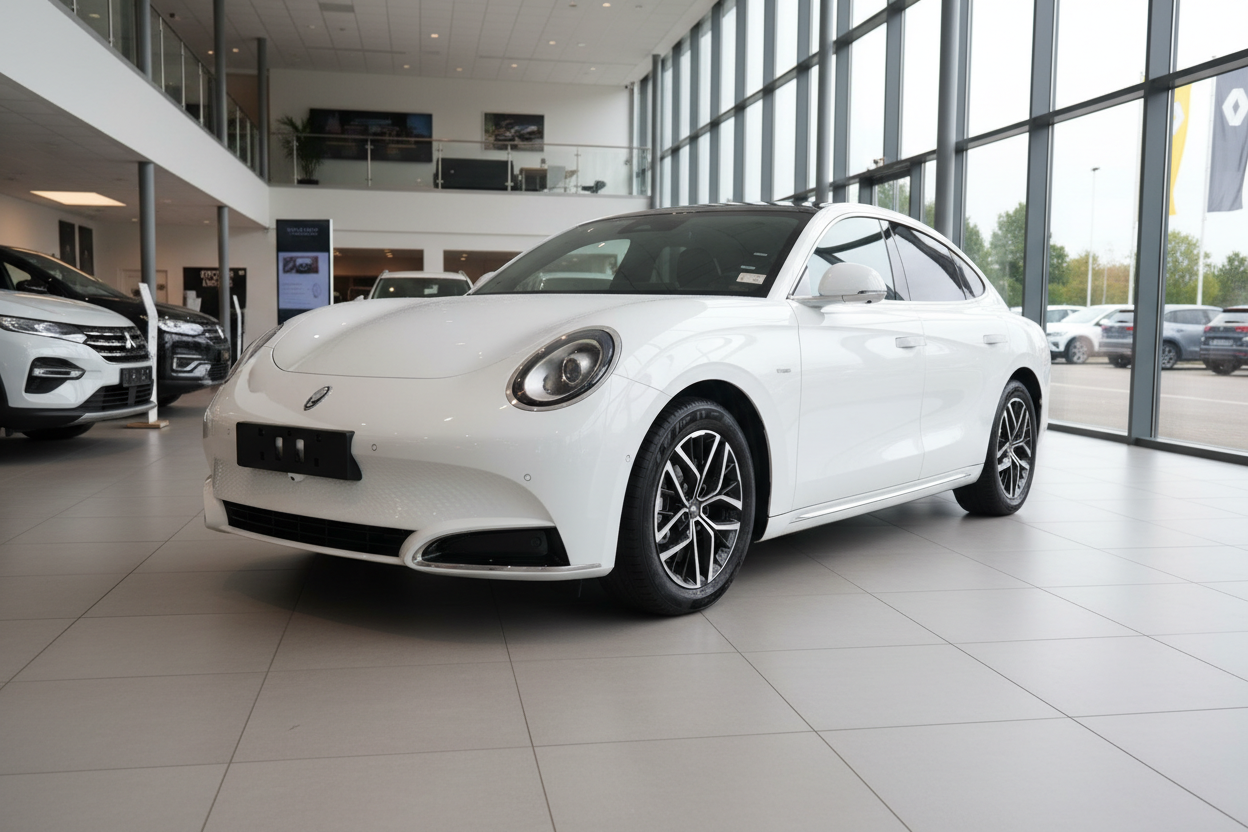Weißer Alpine A290 Elektro-Limousine im Autohaus Showroom Frontansicht