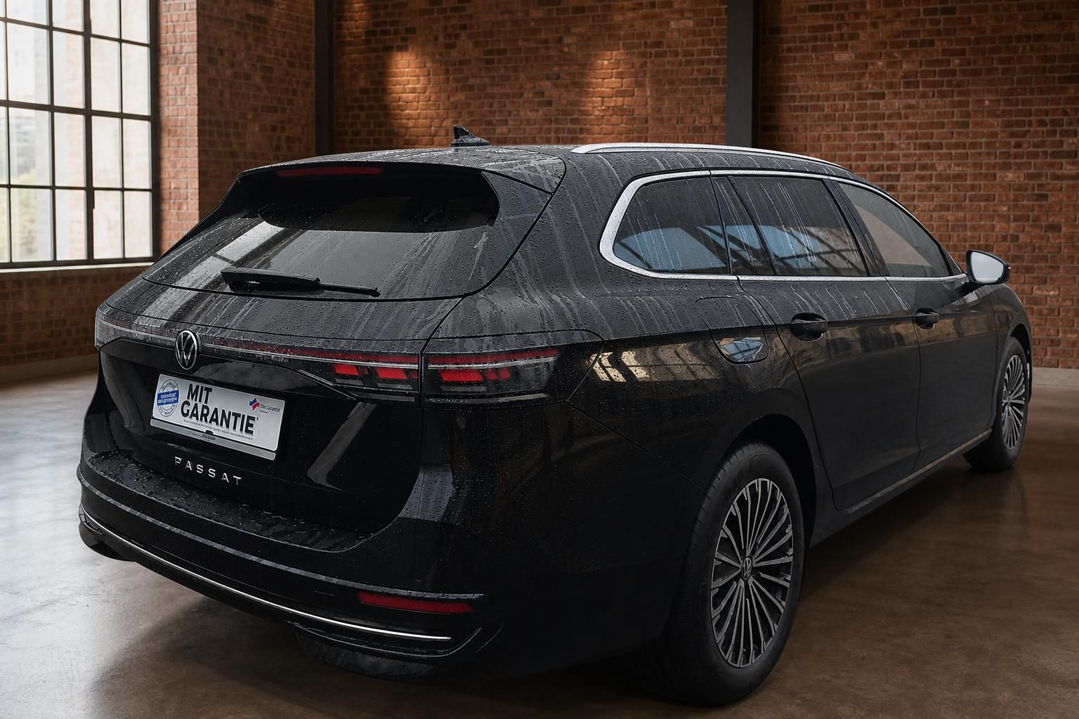 VW Passat Variant schwarz Heckansicht seitlich in Loft-Ambiente