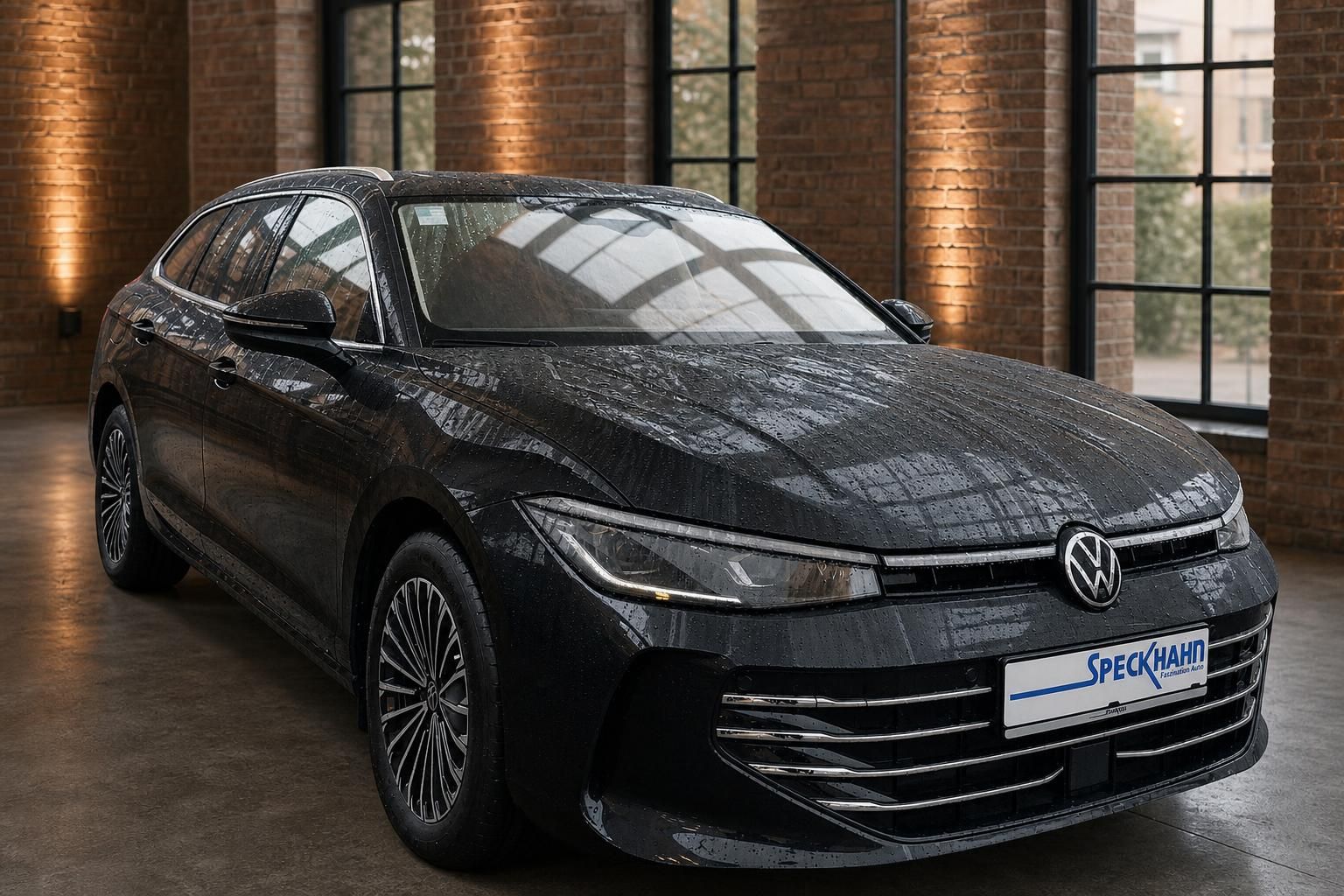 VW Passat Variant schwarz Frontansicht mit Kennzeichenhalter Speckhahn