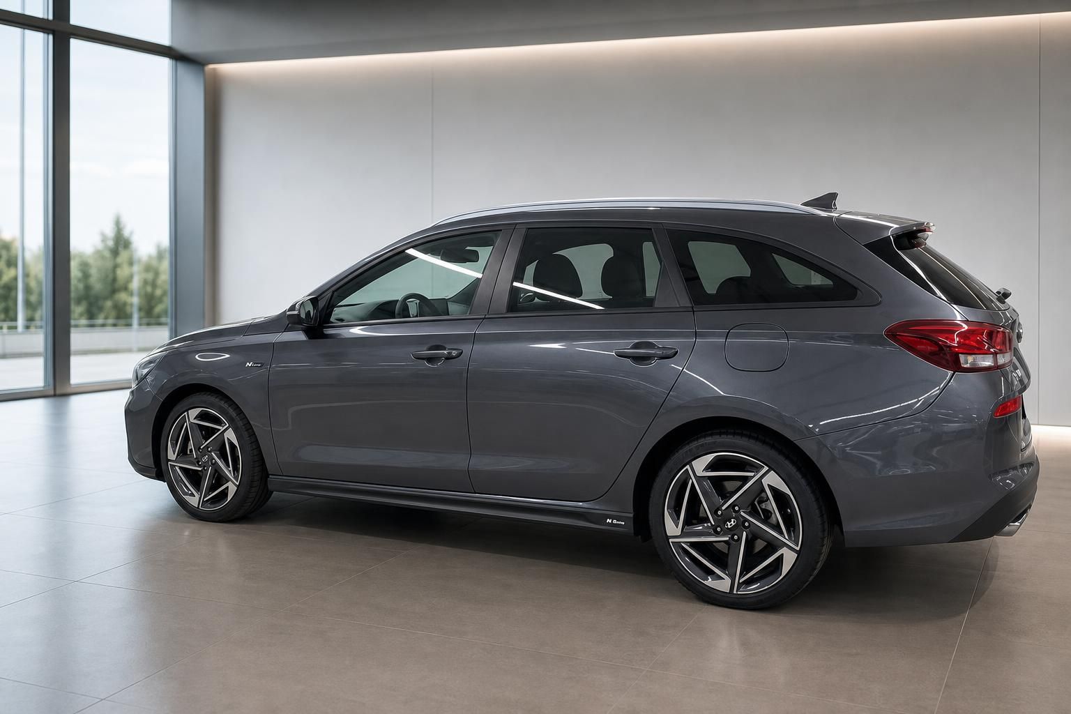 Grauer Kombi in modernem Autohaus - Seitenansicht mit sportlichen Felgen