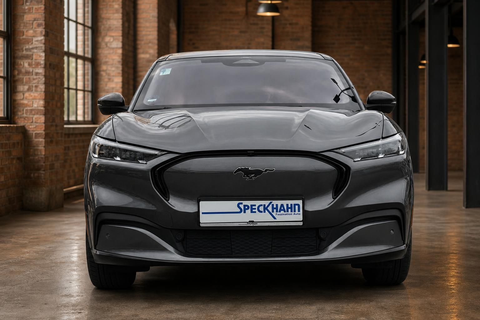 Ford Mustang Mach-E grau Frontansicht im Showroom