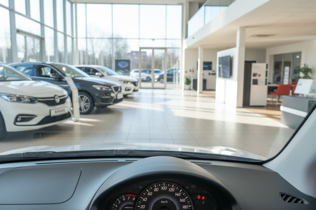 Blick aus dem Innenraum eines Fahrzeugs in einen modernen Autohaus-Showroom mit mehreren Neuwagen