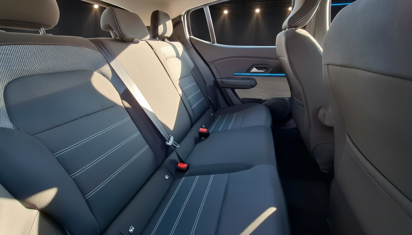 Fahrzeuginnenraum Rücksitzbank dunkelgrau mit weißen Ziernähten und blauer Ambientebeleuchtung