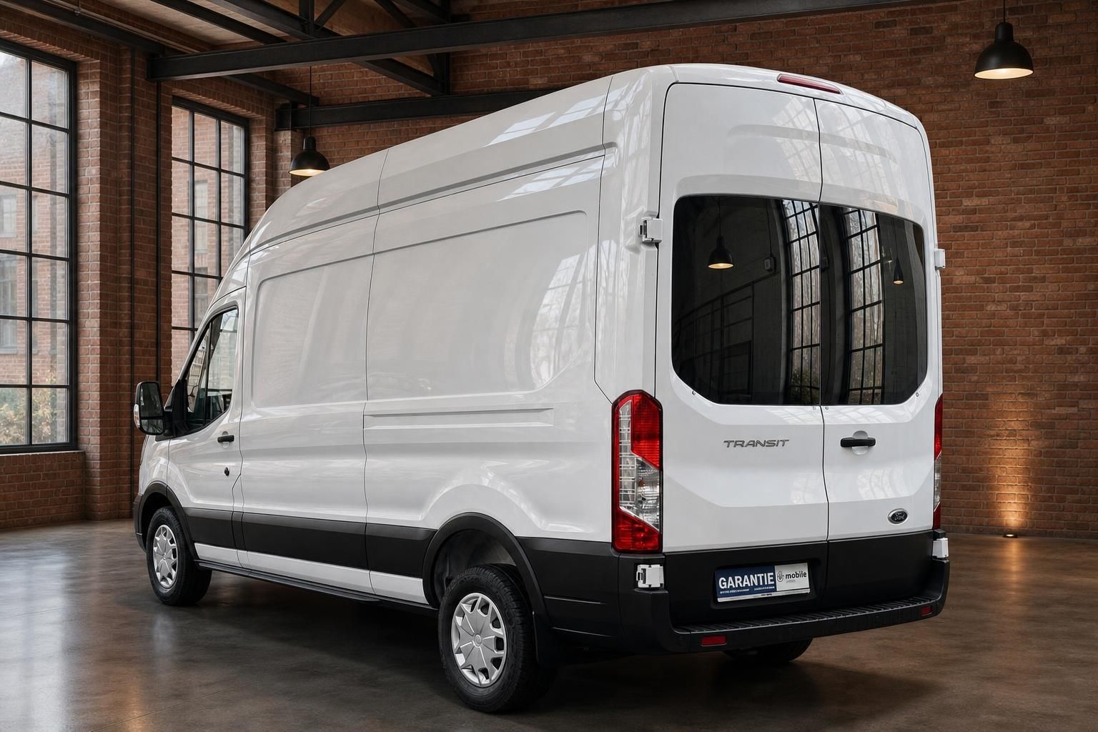 Ford Transit Kastenwagen weiß Heckansicht schräg rechts – Hochdach Transporter Seitenansicht