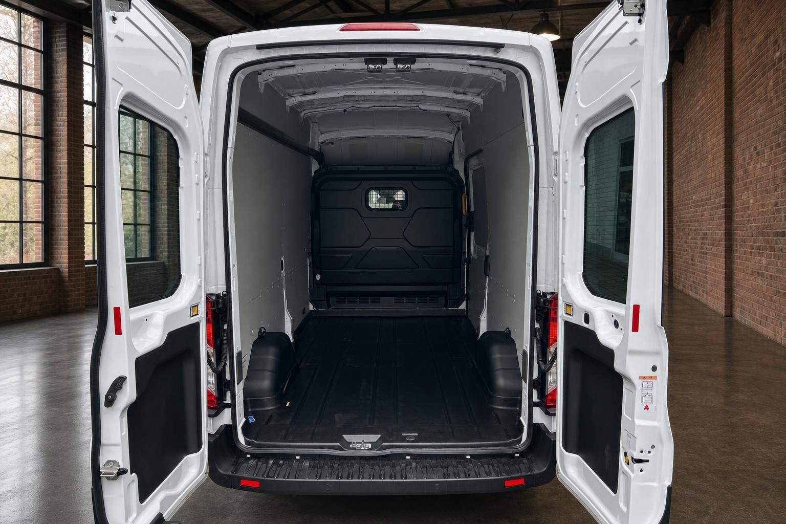 Ford Transit Laderaum – geöffnete Hecktüren mit großem leeren Laderaum und hohem Dach