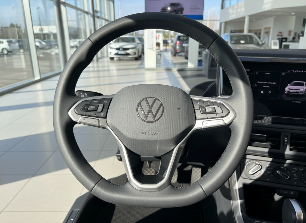 Volkswagen Innenraum Lenkrad mit VW-Logo und Airbag im Autohaus