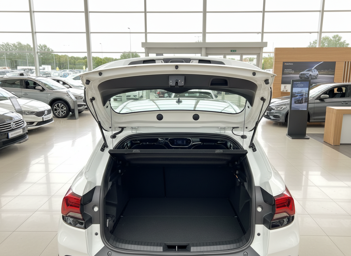 Weißes SUV mit geöffneter Heckklappe im Autohaus – Kofferraum Ansicht
