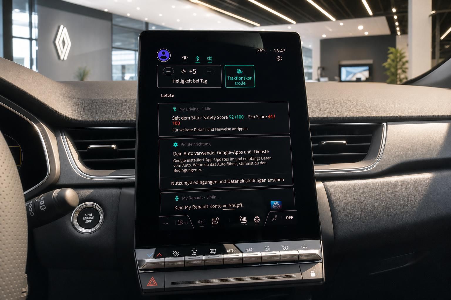 Renault Infotainment-Touchscreen Detailansicht mit Google-Dienste-Anzeige und Klimabedienfeld