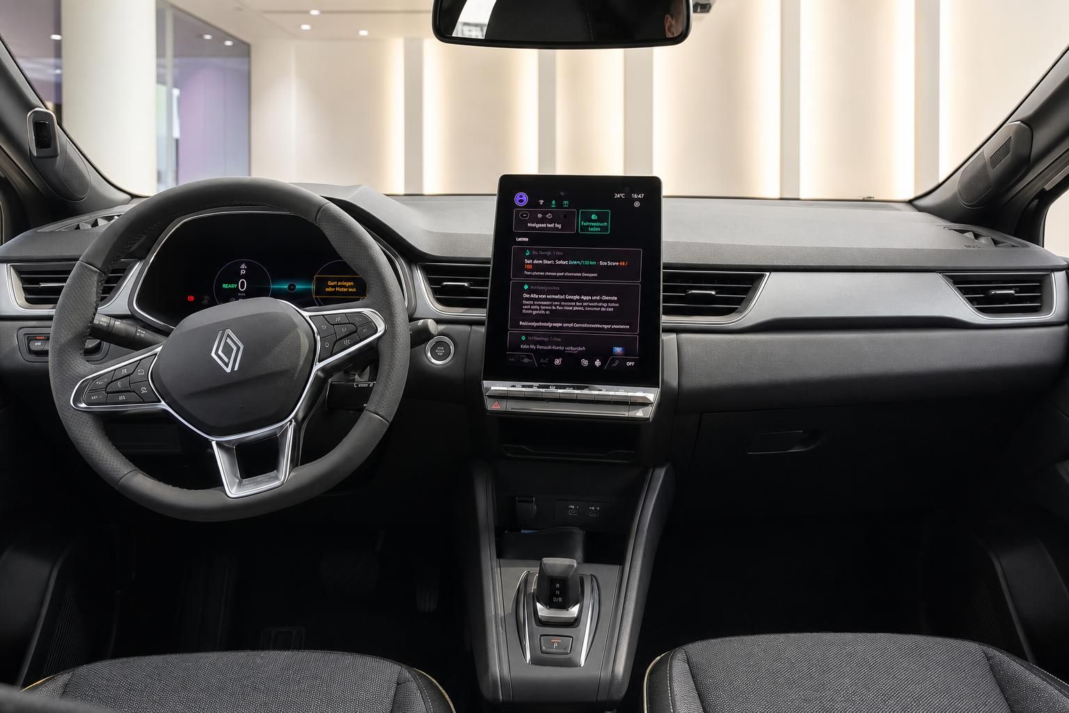 Renault Innenraum Totale – Lenkrad, Mittelkonsole, großer Hochformat-Touchscreen und Automatikgetriebe