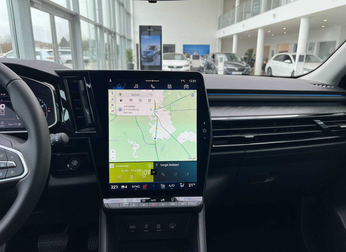 Volkswagen Innenraum mit großem Infotainment-Touchscreen und Google Maps Navigation im Autohaus