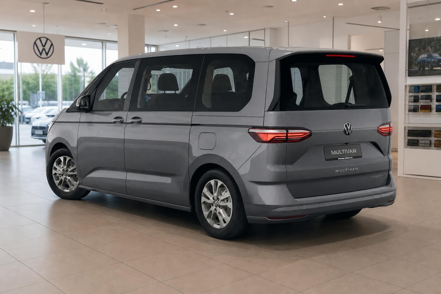 VW Multivan grau metallic Heckansicht im Autohaus-Showroom