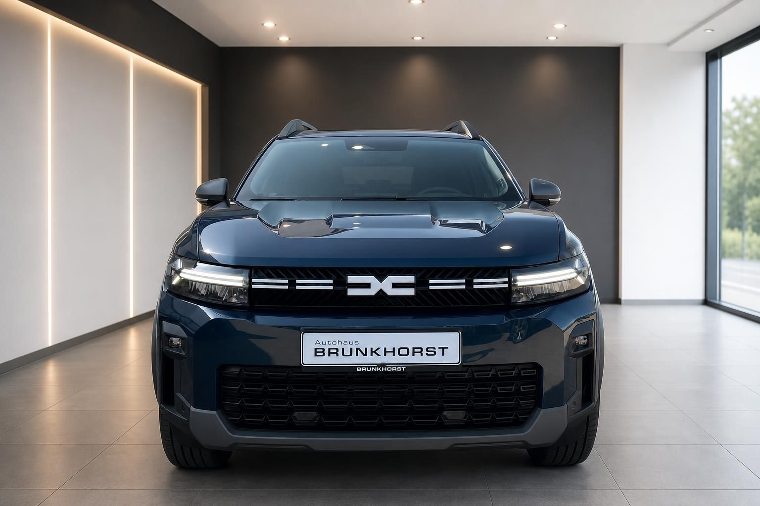 Dacia Bigster SUV in blau, Frontansicht im Autohaus Brunkhorst Showroom