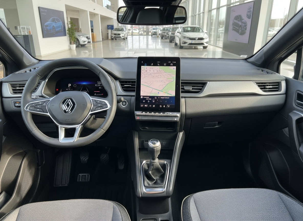 Renault Innenraum mit 9,3-Zoll-Touchscreen, Navigationssystem und manuellem Getriebe im Autohaus
