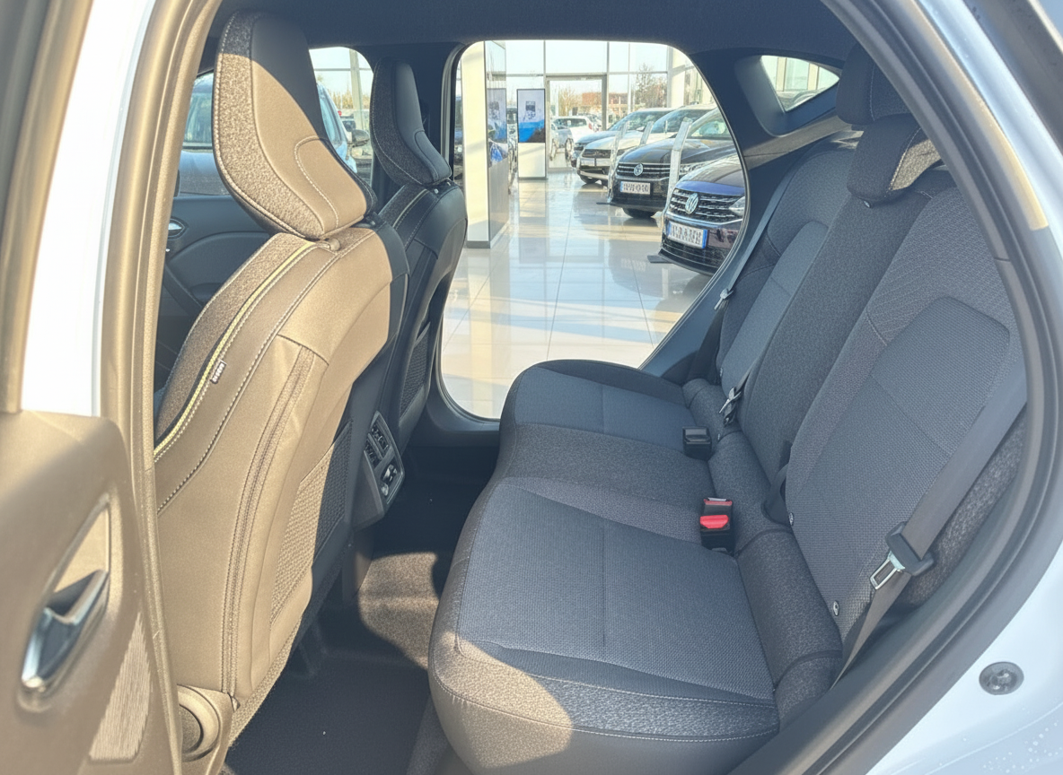 Fahrzeug Innenraum Rücksitzbank mit schwarzen Stoffsitzen und braunen Ledervordersitzen im Autohaus