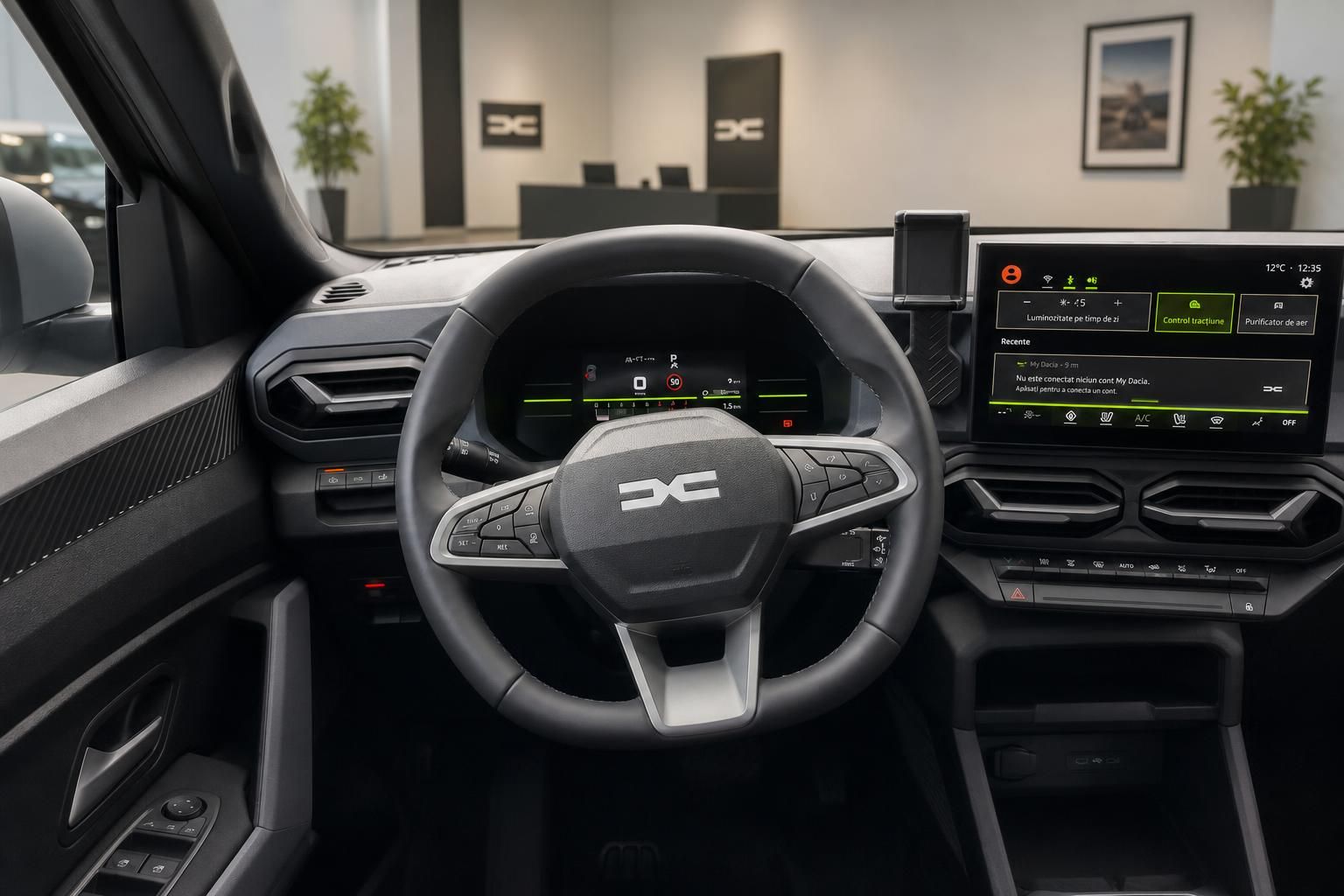Modernes Cockpit mit digitalem Display und Lenkrad - Fahrerplatz Innenansicht