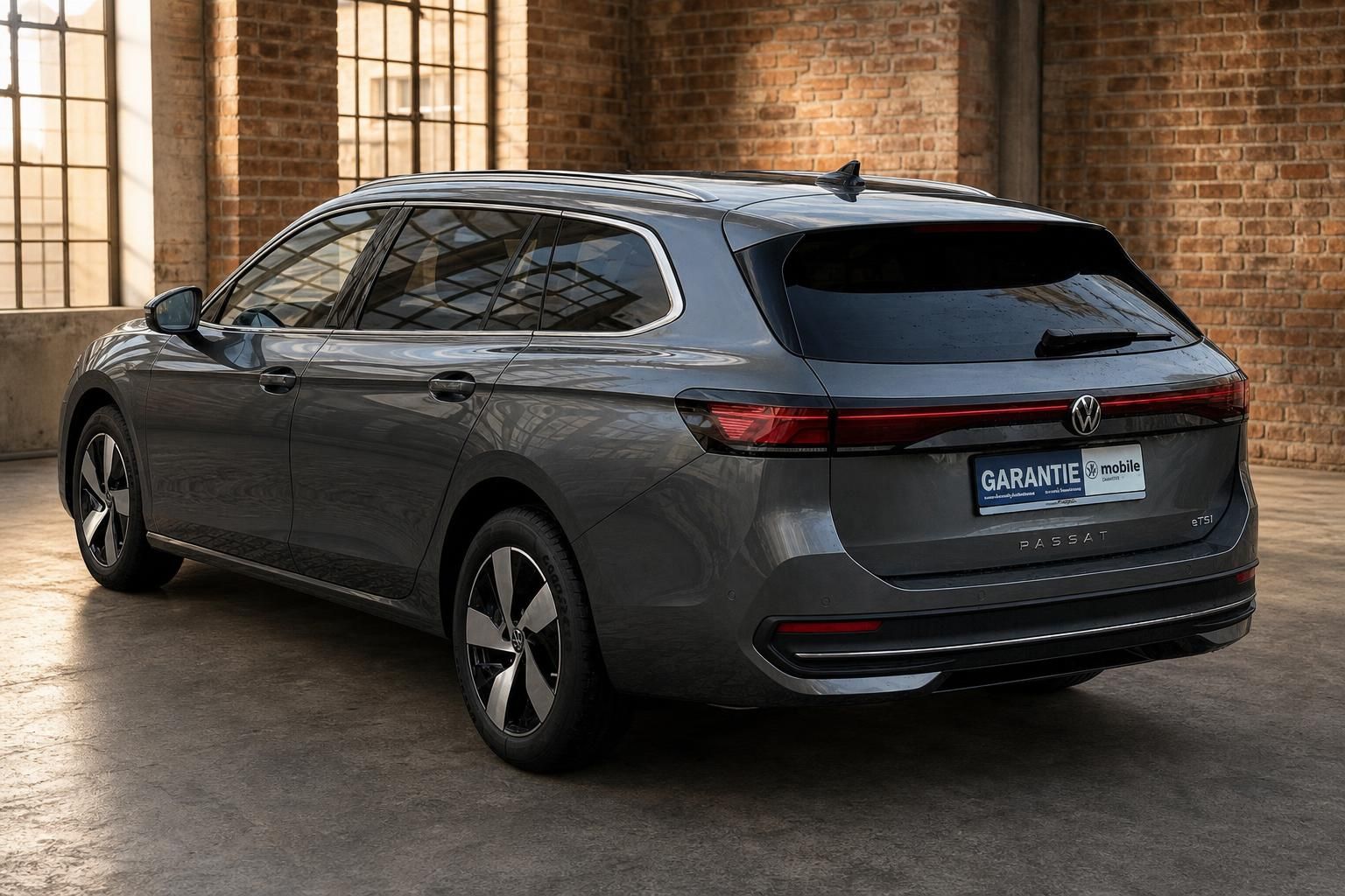 VW Passat Variant grau Heck seitlich in Loft-Ambiente