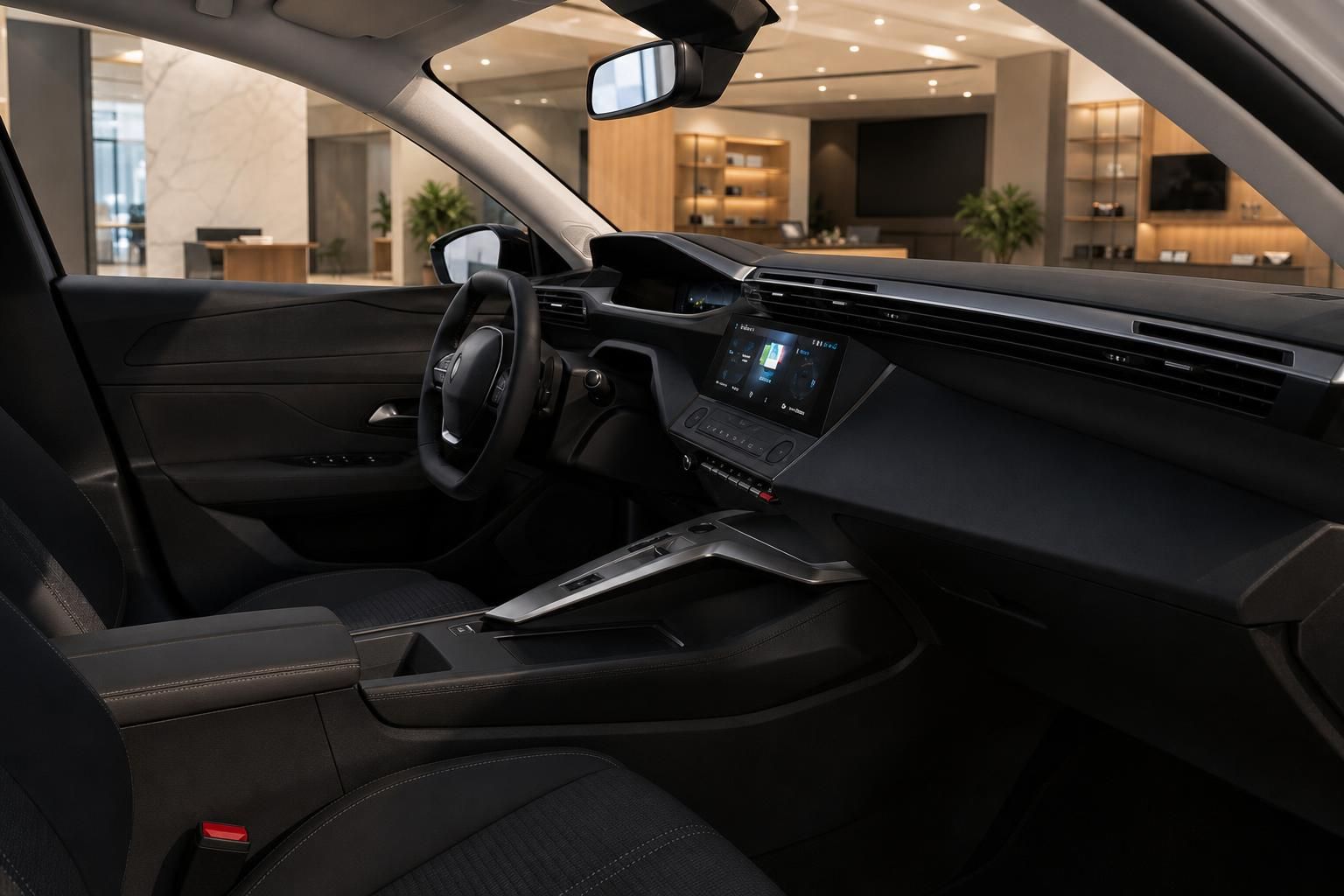 Peugeot 308 Innenraum, Blick auf Armaturenbrett und Sitze