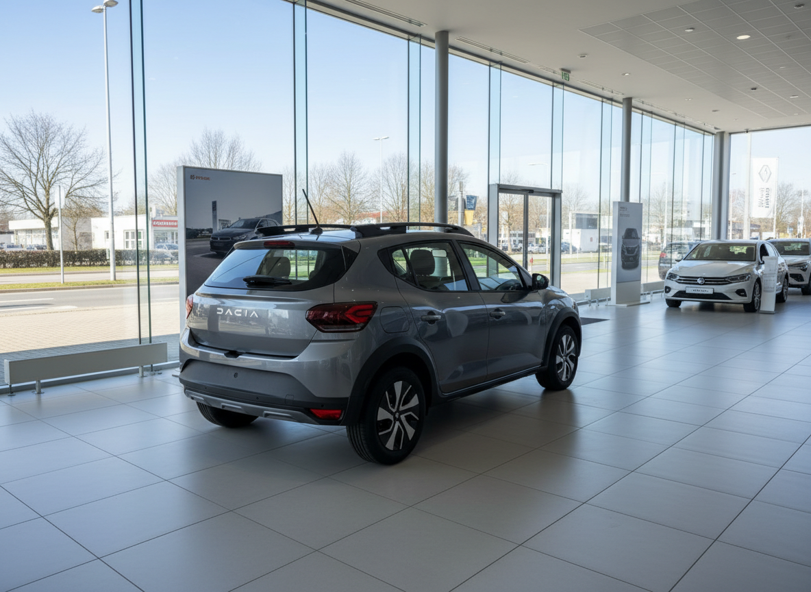 Dacia Sandero Stepway in Grau von hinten in einem Autohaus-Showroom