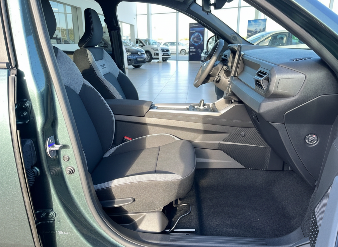 Innenraum eines modernen SUV mit schwarzen Stofssitzen und Cockpit in einem Autohaus