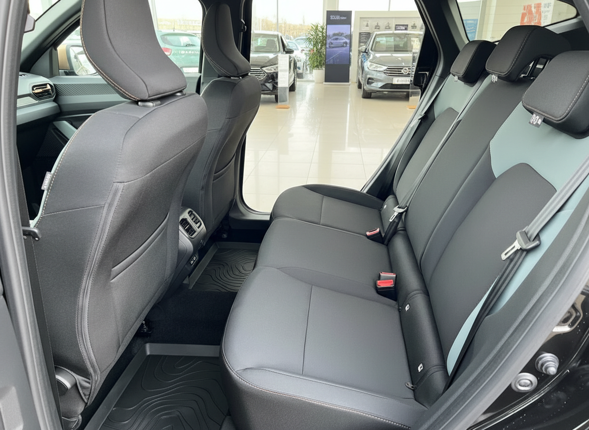 Rücksitzbank Innenraum SUV mit schwarzen Stoffsitzen und Rücksitzbelüftung im Autohaus