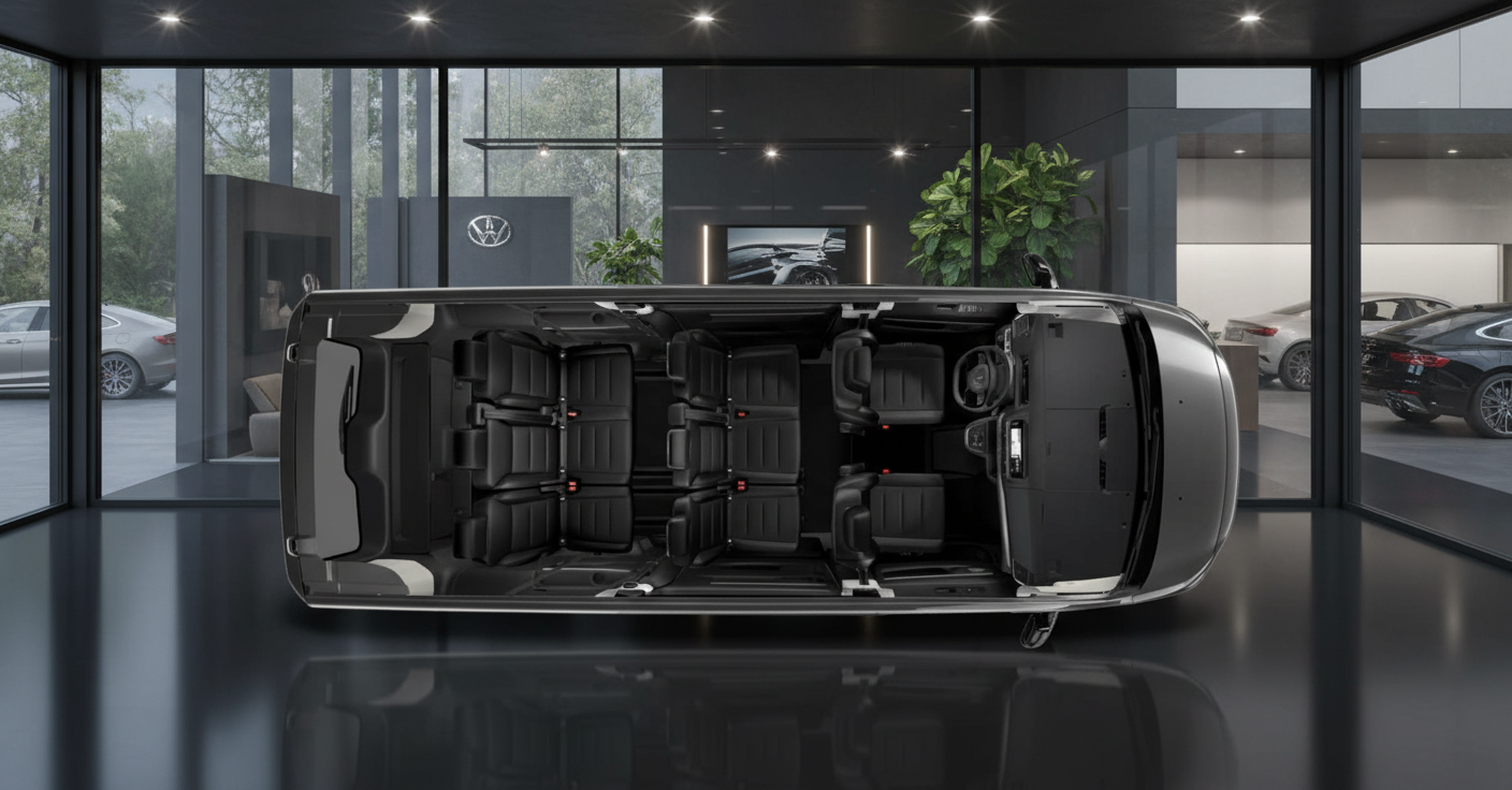 Draufsicht auf den Innenraum eines VW Multivan mit drei Sitzreihen und schwarzer Lederausstattung im modernen Volkswagen Autohaus-Showroom