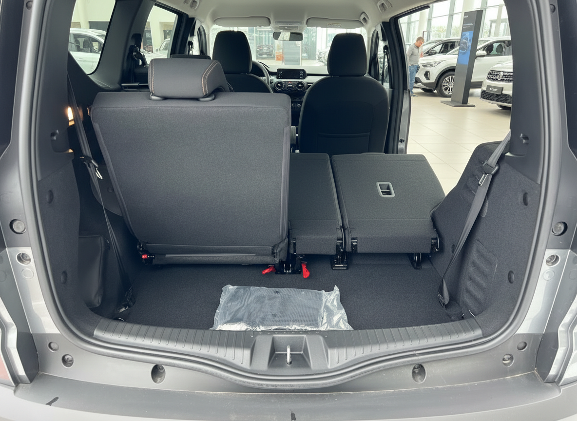 Kofferraum mit umklappbarer Rücksitzbank eines silbernen Familienfahrzeugs im Autohaus