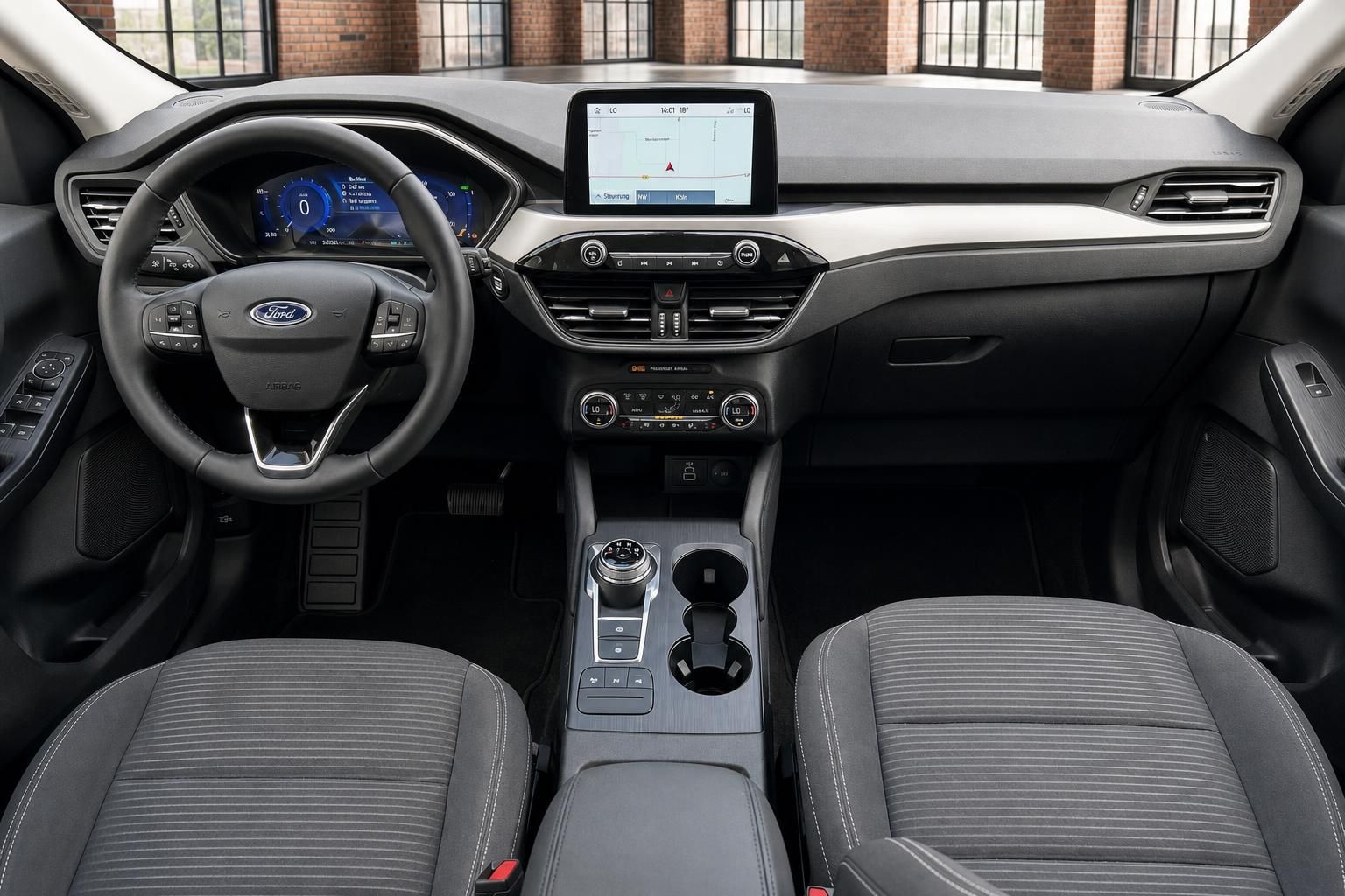 Ford Cockpit Frontansicht mit Lenkrad und Touchscreen Display