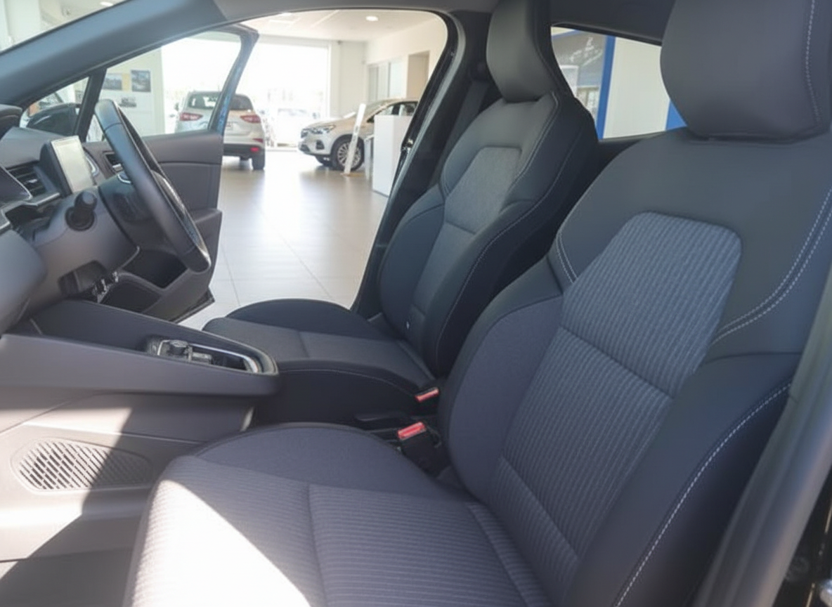 Renault Clio Innenraum mit schwarzen Stoffsitzen und Mittelkonsole im Autohaus