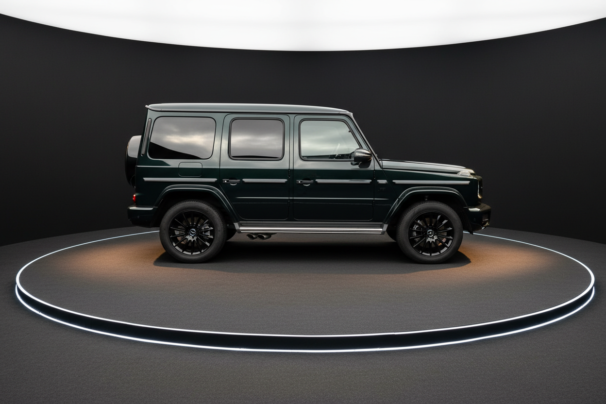 Dunkelgrüner Mercedes-Benz G-Klasse Seitenansicht im Showroom bei Engelauto