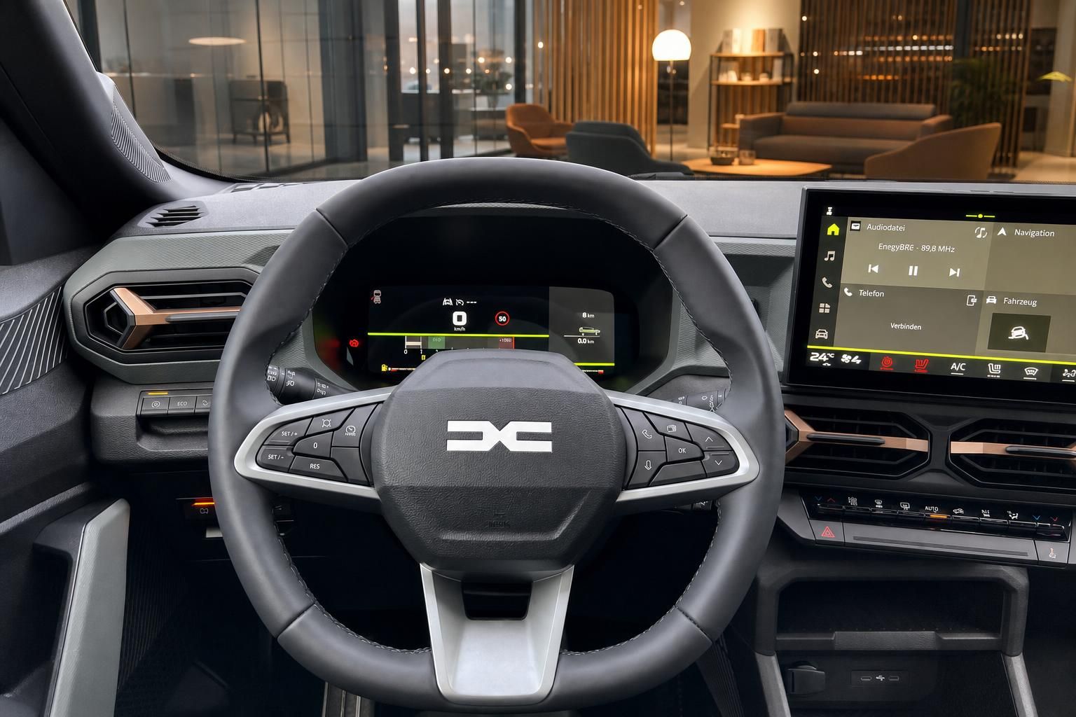 Fahrzeug Cockpit mit Lenkrad, Armaturenbrett und digitalem Display