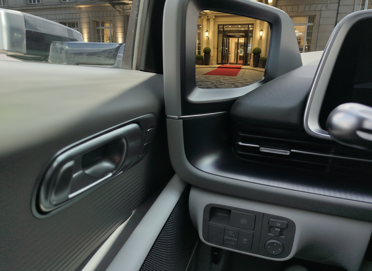 Innenansicht eines modernen Fahrzeugs mit Blick durch das Seitenfenster auf einen luxuriösen Hoteleingang mit rotem Teppich, zeigt Türgriff, Fensterheber-Bedienelemente und Seitenspiegel