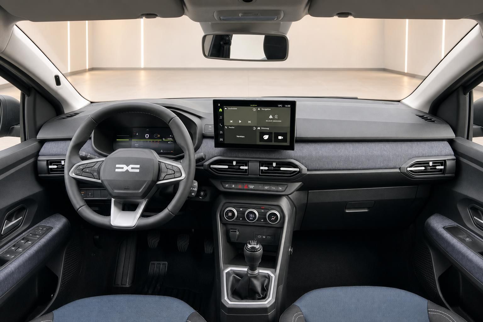 Fahrzeug Innenraum mit modernem Cockpit, Lenkrad und Touchscreen-Display