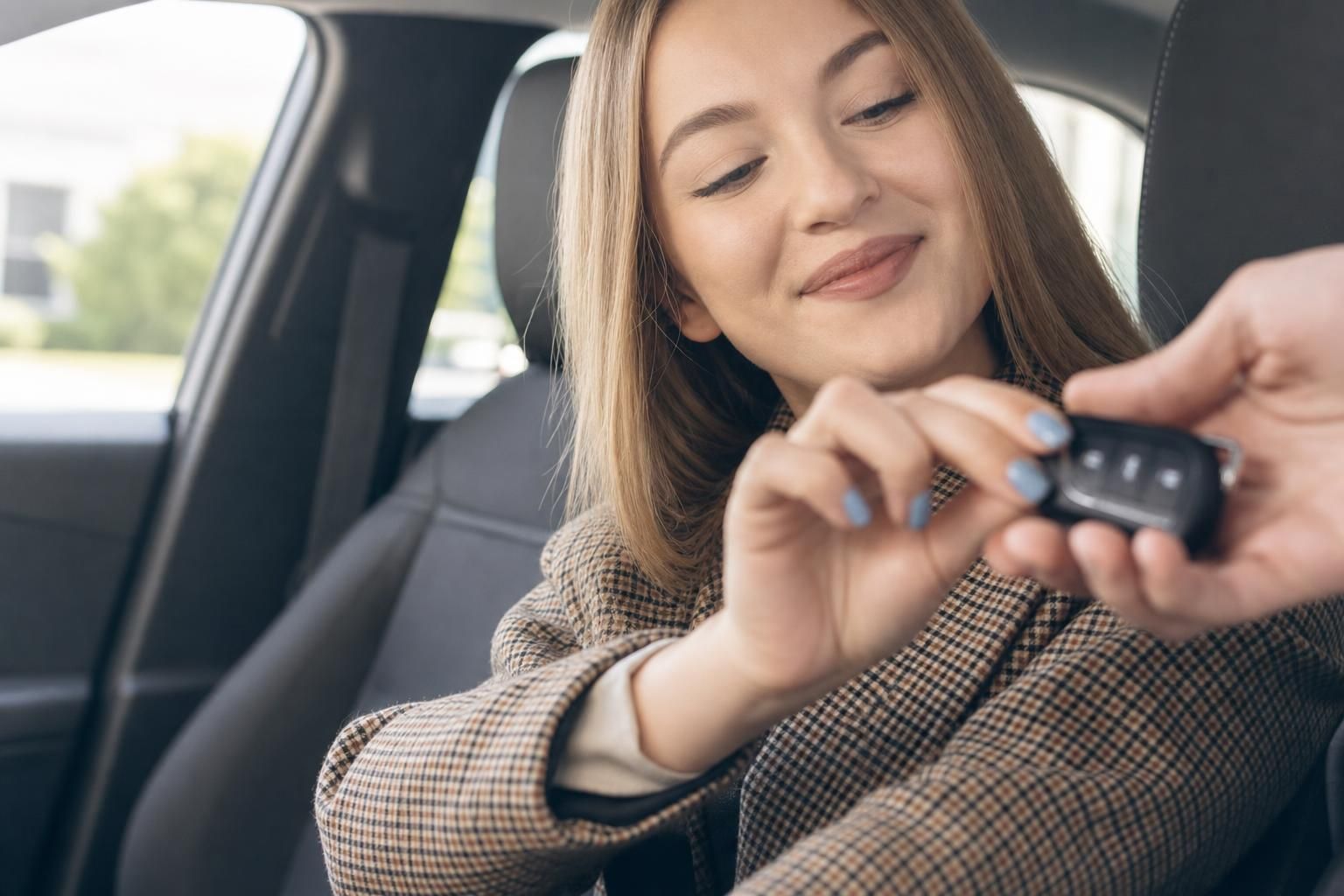 Junge Frau mit Smartphone im Fahrzeuginnenraum lächelnd auf Rücksitz