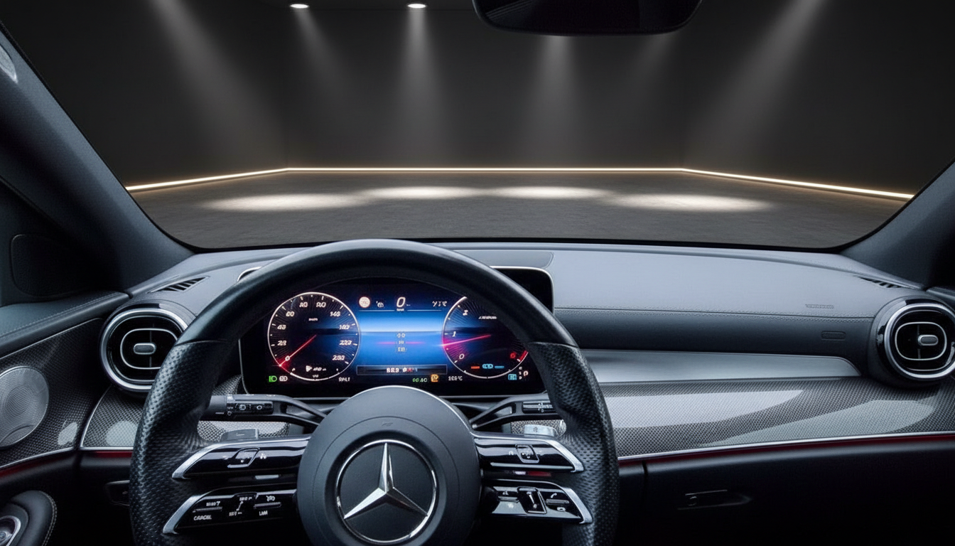Mercedes-Benz Innenraum mit digitalem Cockpit, Lenkrad und Armaturenbrett in dunklem Design